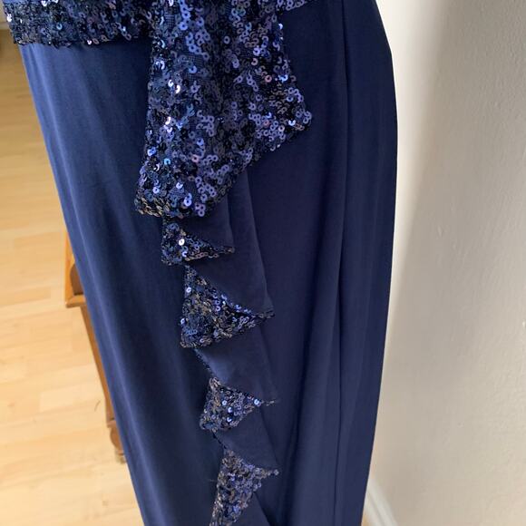 R&M Richards Size 16 Sequin Ruffle Maxi Dress Navy Blue Long Evening Stretch - Picture 5 of 9